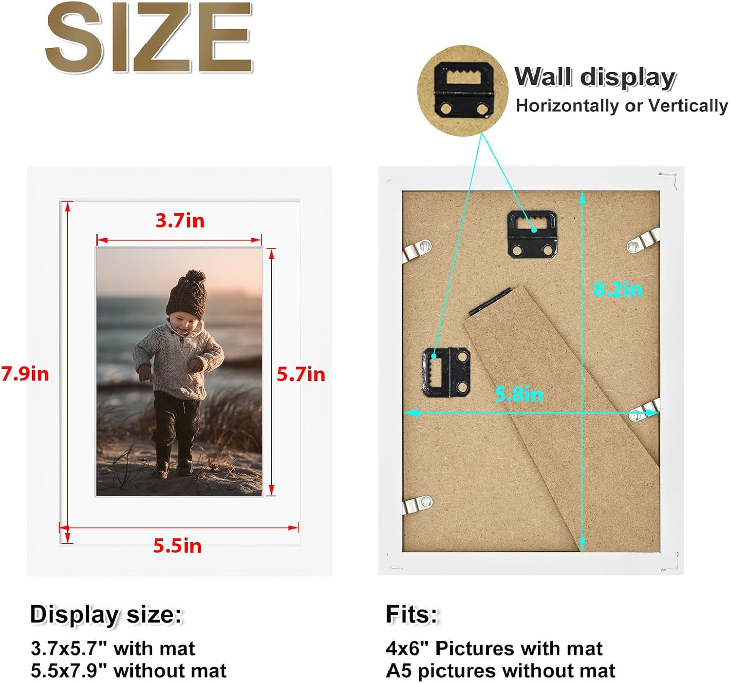 KINLINK A5 Picture Frame, White Solid Wood Frames with Acrylic Plexiglass for Pictures 4x6 with Mat or A5 without Mat, Tabletop and Wall Mounting Display 4 Pack