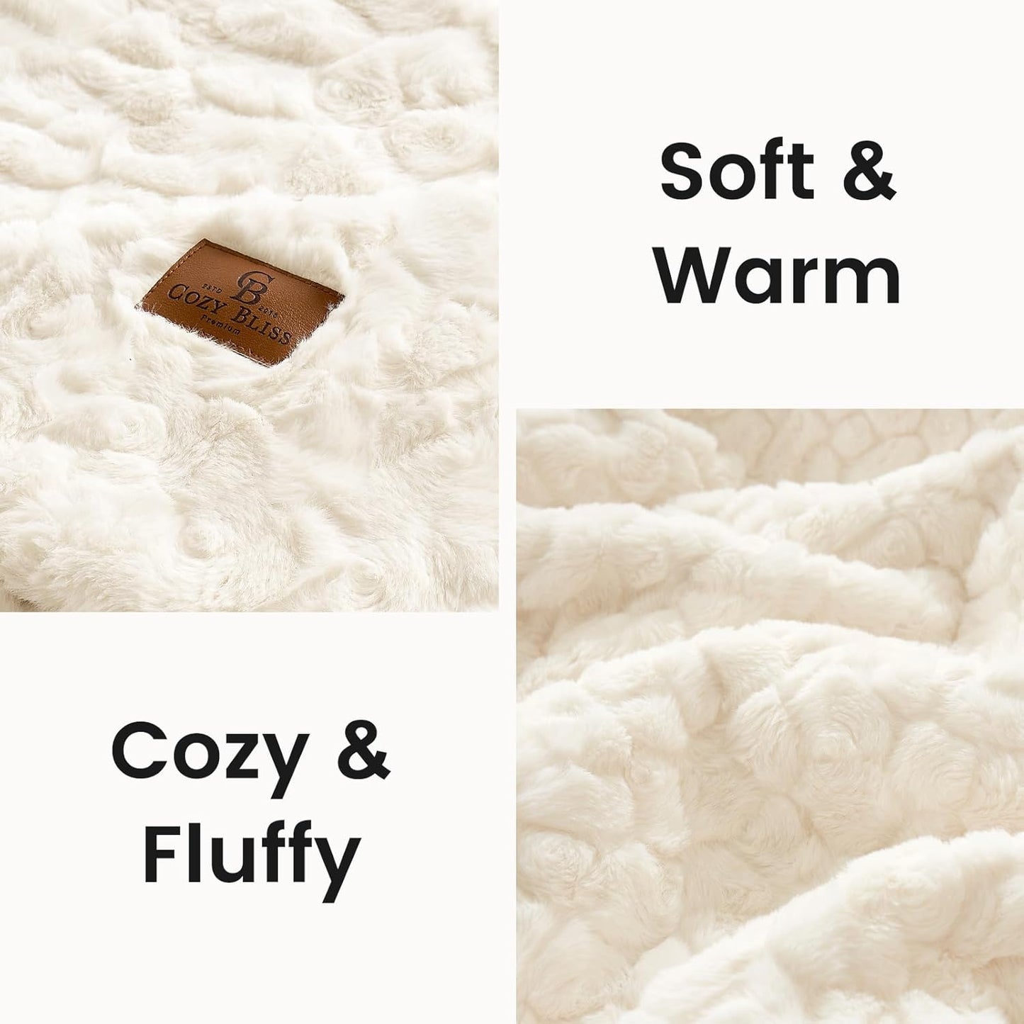 Cozy Bliss Faux Fur Throw Blanket for Couch, Fuzzy Soft Plush Thick Warm Fluffy Reversible Wave Textured Blanket for Sofa Bedroom Living Room, 55 * 70 Inches Cream White