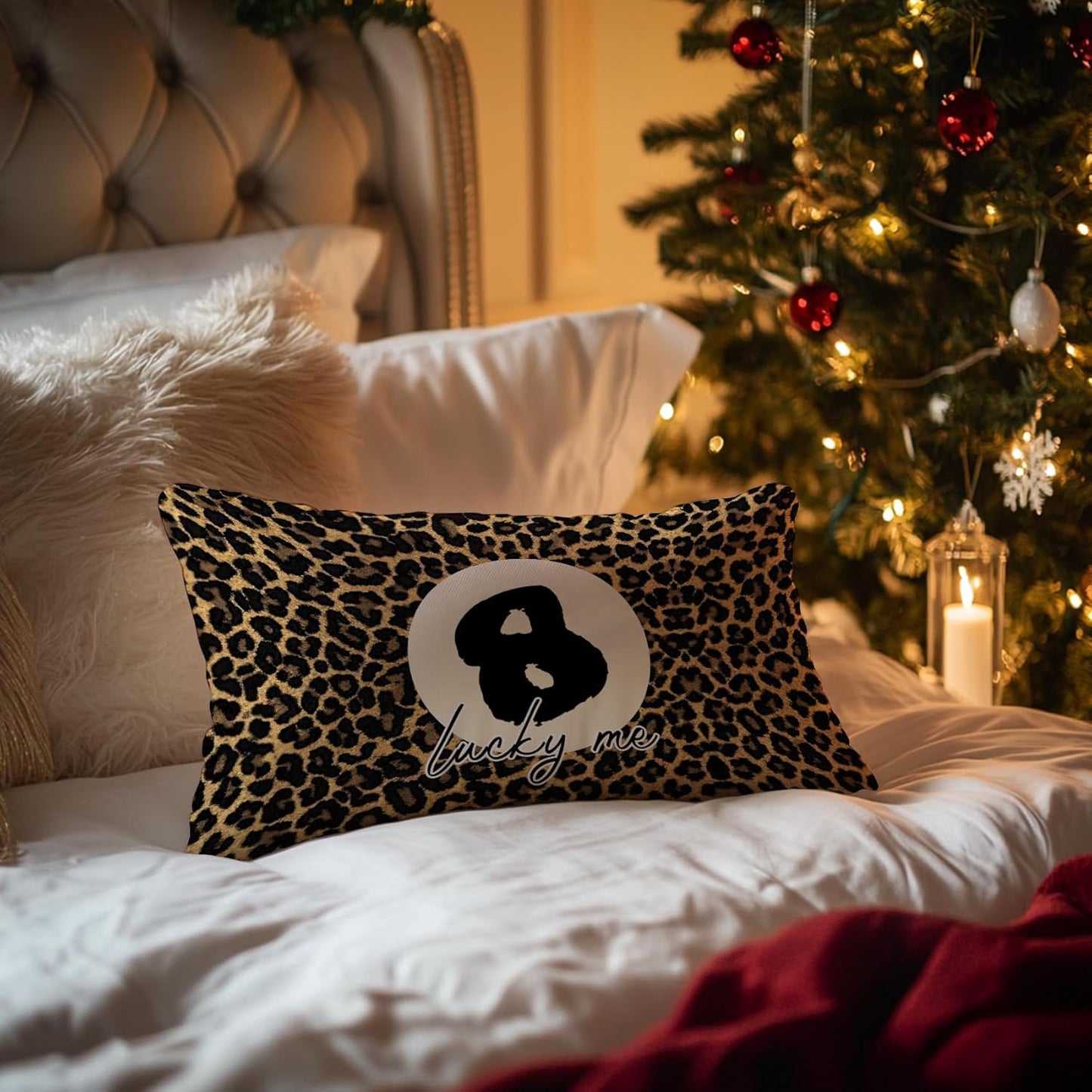 Coquette Pink Bow Leopard Print Lips Lucky 8 Ball Throw Pillow Covers 20x12, Cheetah Print Room Decor, Funky Y2K Leopard Decorative Pillow Covers for Girls Room Dorm Apartment Home,Set of 2