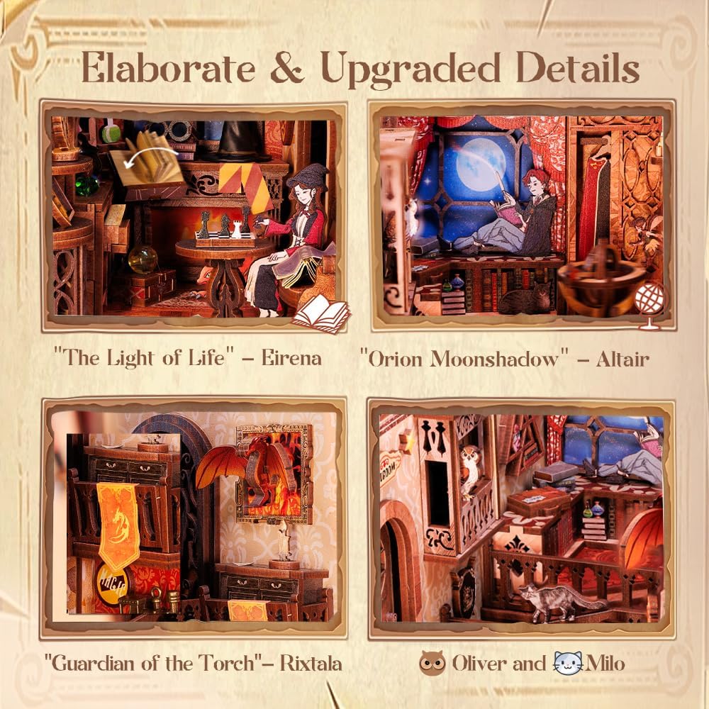 Cutefun Book Nook Kit,3D Wooden Puzzle Bookends,Miniature house kit with dust cover,Bookends Kit with LED Lights,DIY Dollhouse Bookend Tiny House for Adults,Birthday Easter Home Decor for Teens Adults