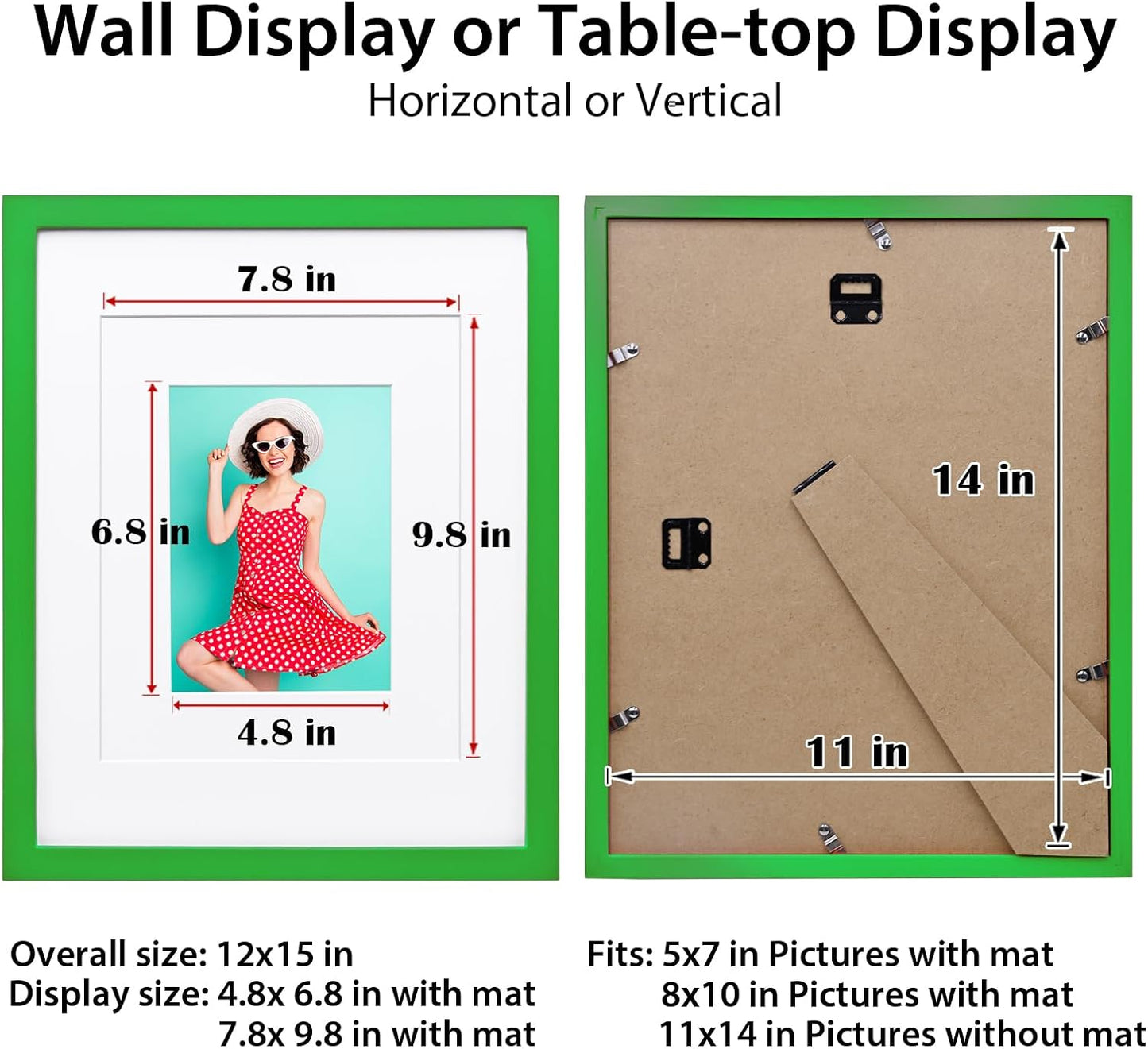 KINLINK 11x14 Picture Frame Grass Green, Solid Wood Frames with Acrylic Plexiglass for Pictures 5x7/8x10 with Mat or 11x14 without Mat, Tabletop and Wall Mounting Display, 4 Pack