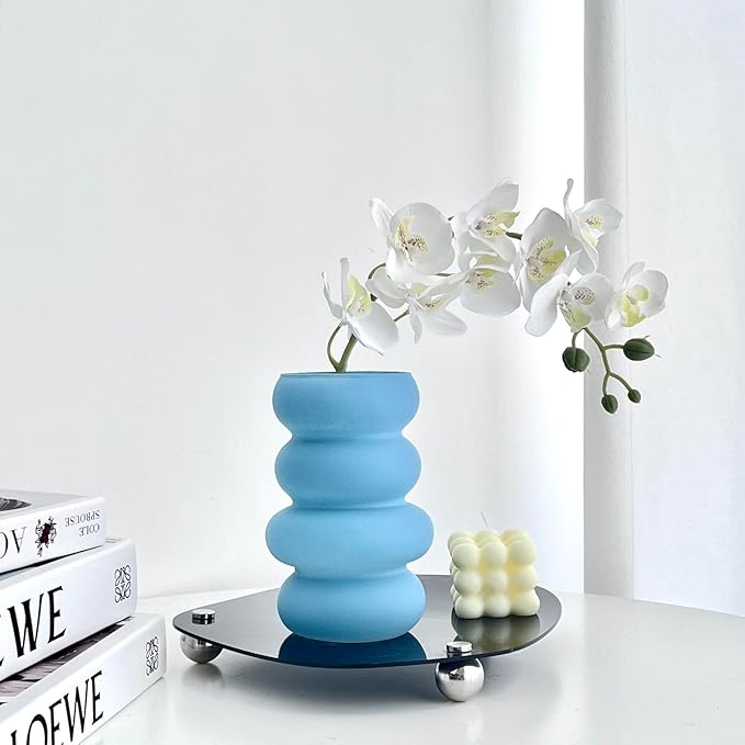 BLOFLO Colored Glass Hydroponic Flower Vase, 7-Inch Blue Glass Vase, Four-Layer Geometric Glass Floral Vase for Home Décor, Modern Bubble Glass Vase for Home Office Wedding Table (Blue)