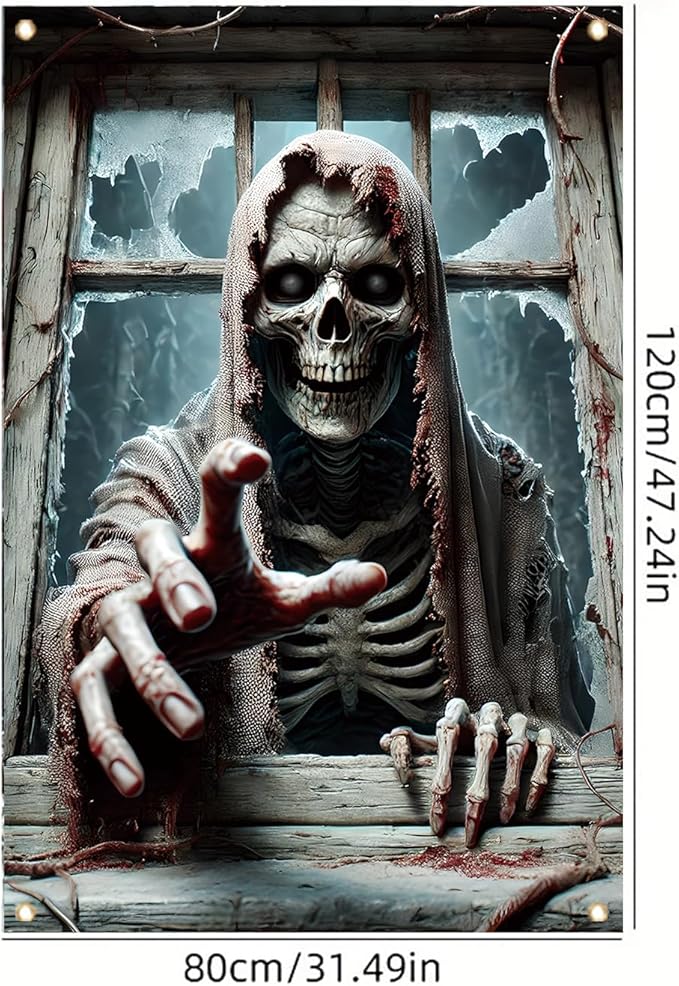 Window Cover Halloween 47x31 Inch Scary Skeleton Grim Reaper Banner Creepy Horror Window Decoration for Haunted House Outdoor Indoor Poster Trick or Treat Decor