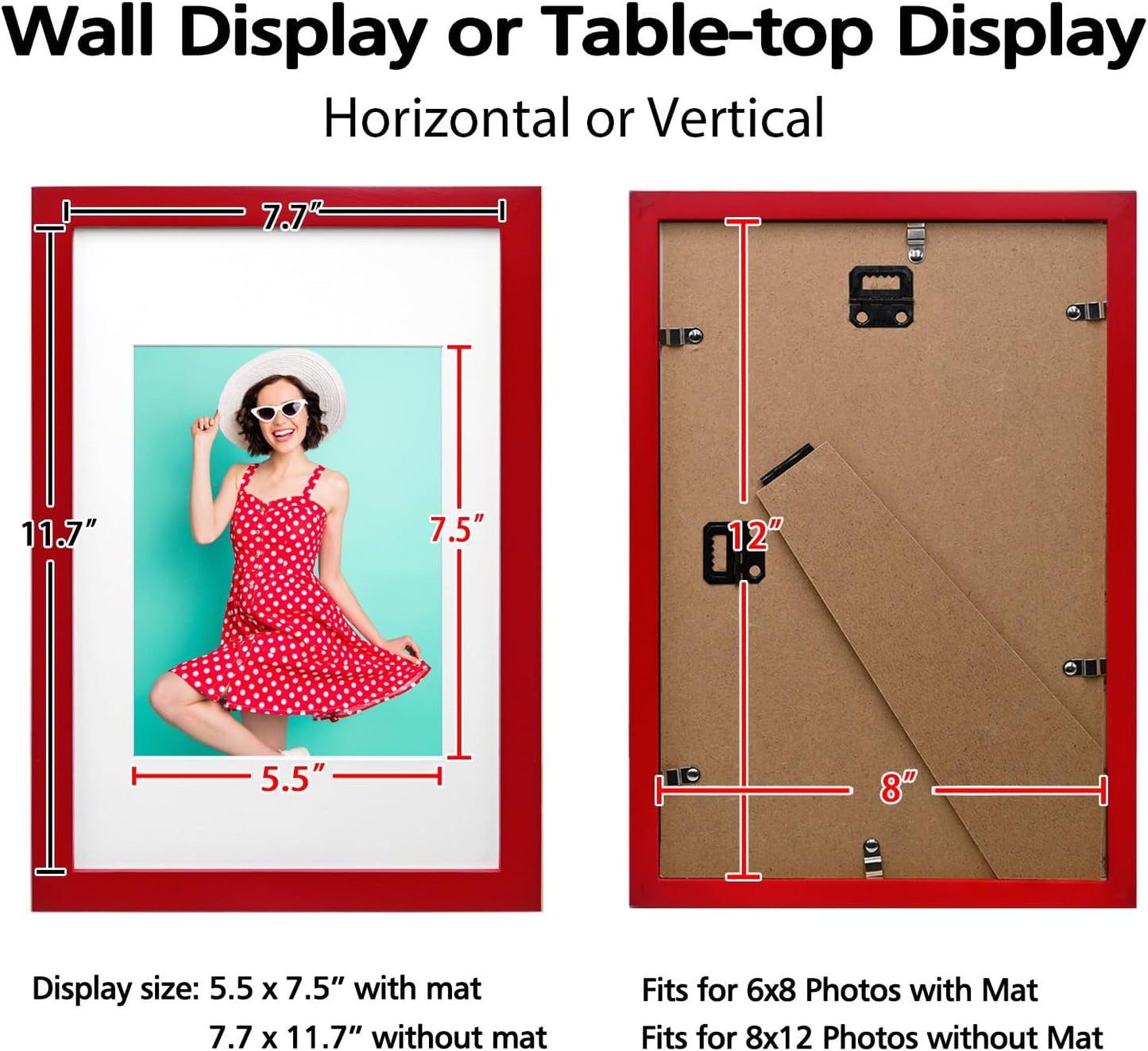 KINLINK 8x12 Picture Frames Red, Solid Wood Frames with Acrylic Plexiglass for 6x8 with Mat or 8x12 without Mat, Tabletop and Wall Display Photo Frame, 4 Pack