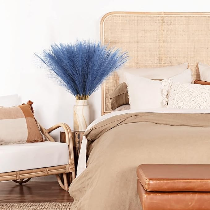 50pcs Faux Pampas Grass, 21.6" Short Artificial Pompous Grass Floral Fake Pompas Grass Branches Vase Filler Flower Arrangement for Home Wedding Boho Decor, Blue