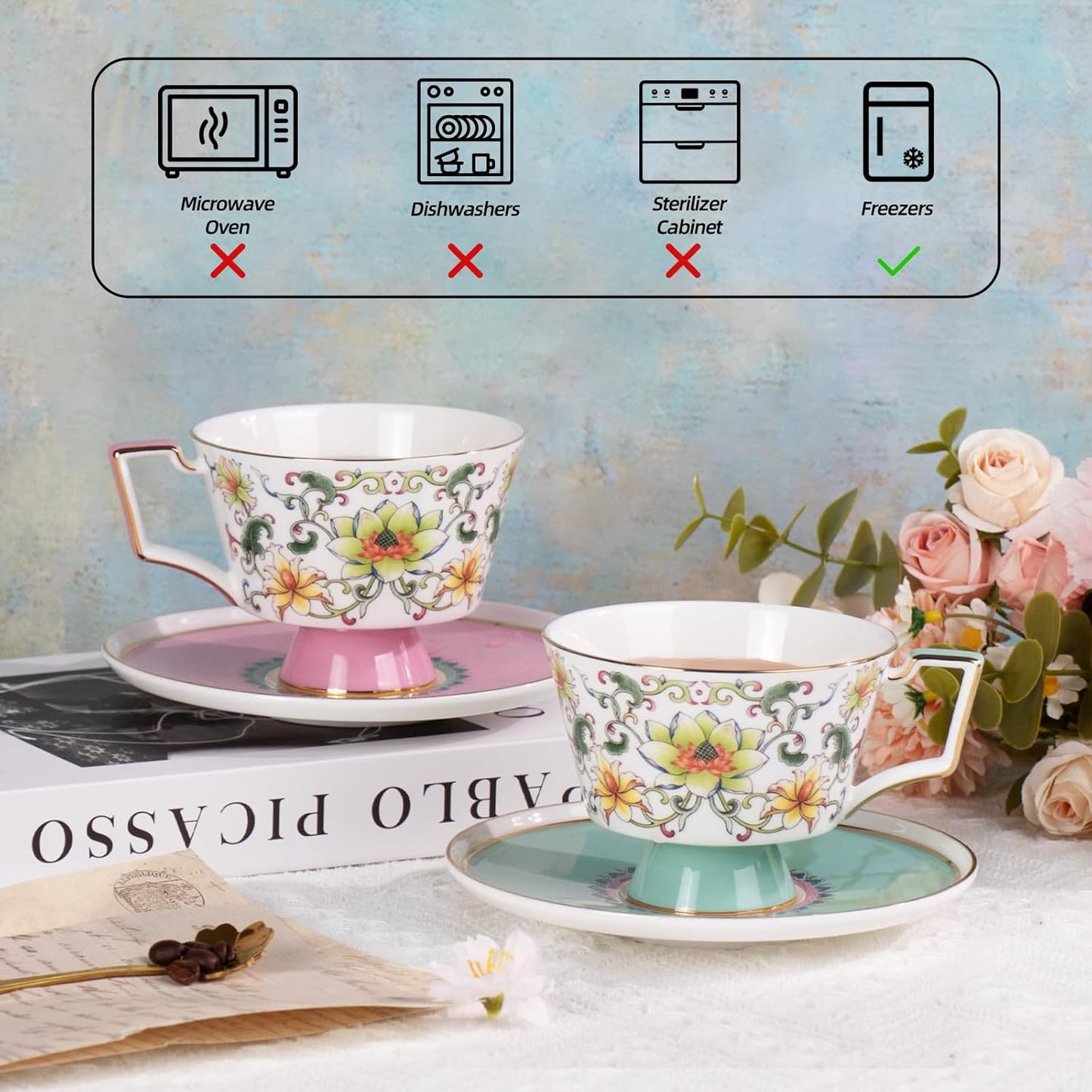 KAMMAK Ceramic Coffee Cups Saucers Set of 2, Porcelain Espresso Cups with Saucers, 8.12 oz Handcrafted Elegant Bone China Tea Cups, Lotus Floral Pattern Teacup for Party, Office, Women Gift