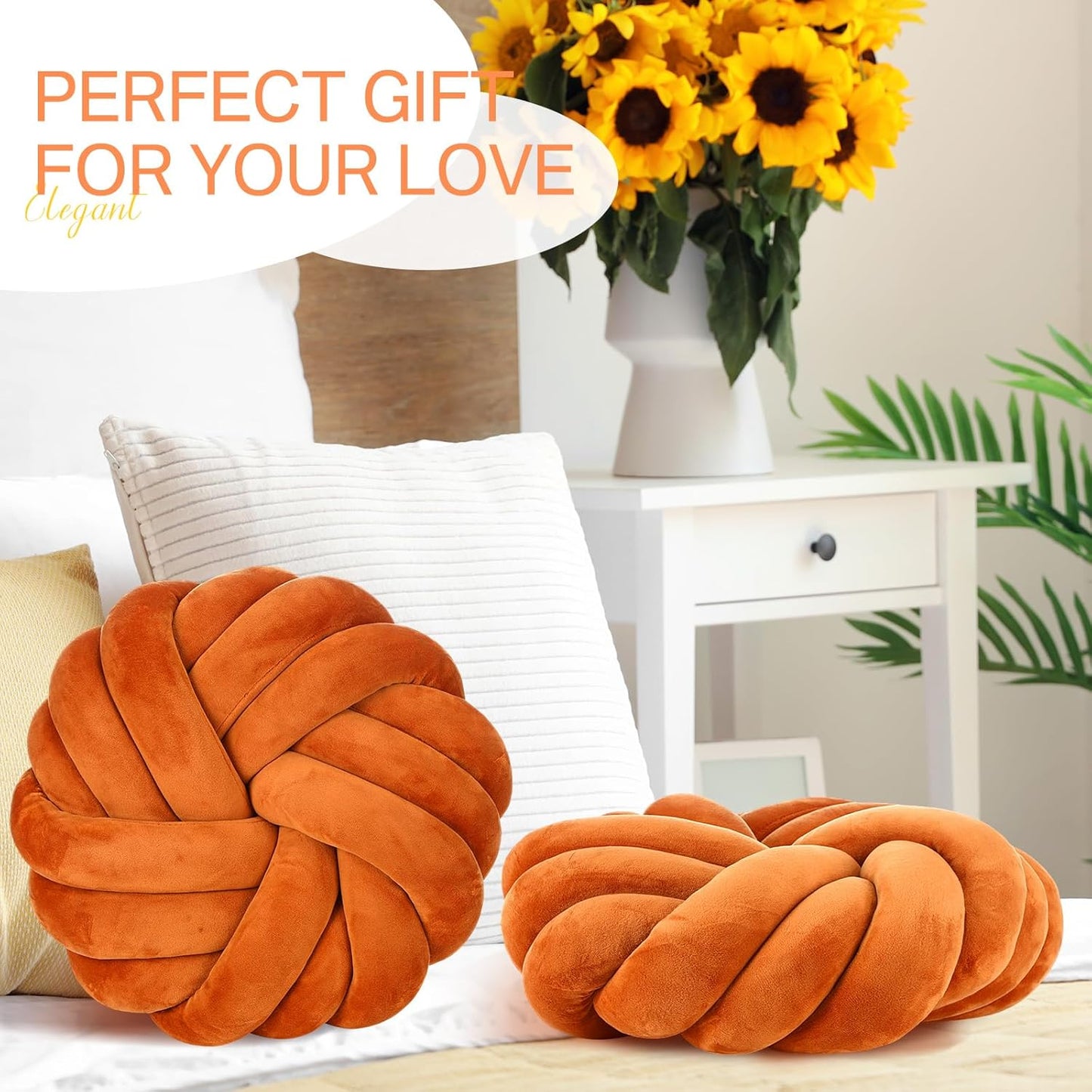 Fumete 2 Pcs 14 Inches Knot Pillow Round Throw Soft Plush Knot Ball Pillow Handmade Knotted Modern Home Decorative Cushion for Bed Bedroom, Sofa, Couch (Caramel Color)
