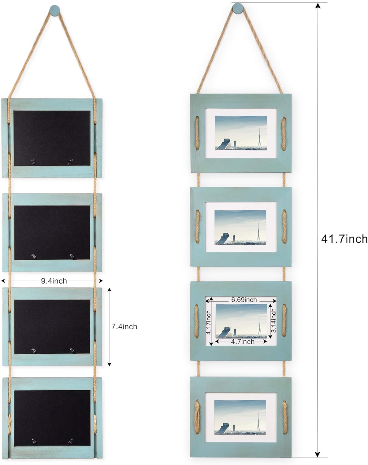 DLQuarts 5x7 Hanging Collage Picture Frames Wall Decor, 4-Opening 5x7 Matted to 3.5x5 Photo Rustic Wood Frame with Hemp Rope, 2 Pack, Ocean Blue