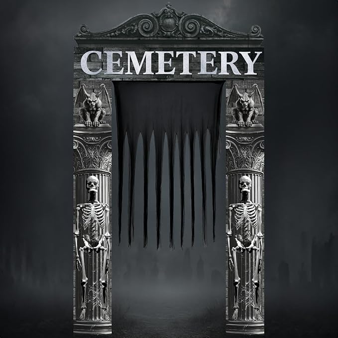 4 Pcs Halloween Cemetery Archway Door Cover Decoration Kit - Large Cemetery Front Door Banner Scary Gauze Cover for Indoor Outdoor Archway Garage Haunted House Party Trunk or Treat Car Decor