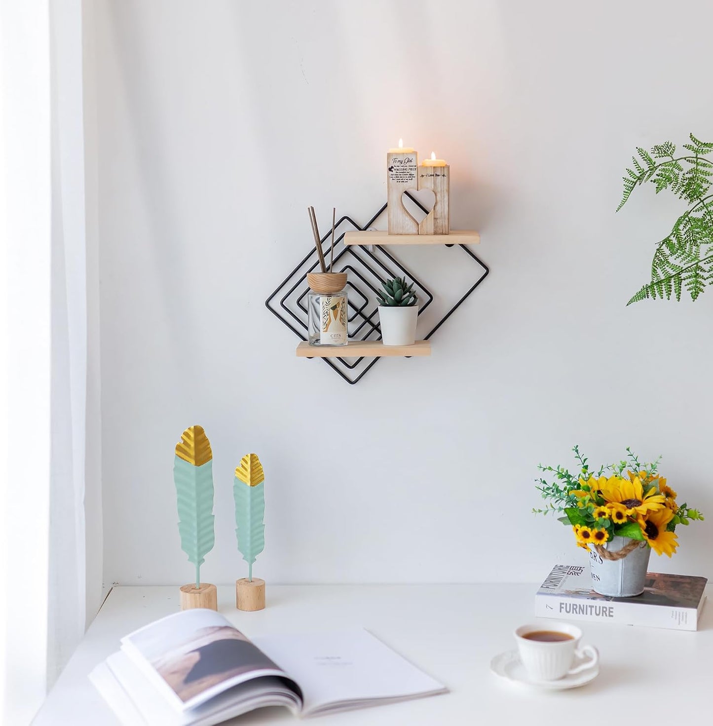 Bedroom Shelves for Wall Decor - Set of 2 Small Floating Shelf 2 Tier Modern Shelves Wall Mount Wood Geometric Hanging Plant Shelf Organizer for Bathroom