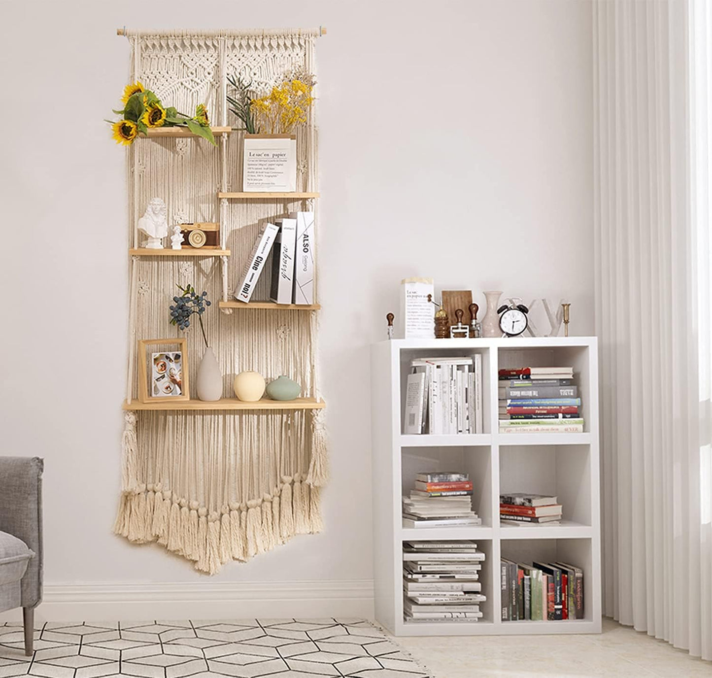 jontell Macrame Wall Hanging Shelf- Macrame Shelves Handmade Decorative Floating Boho Shelf-Plant Shelf Display Rack to Organize and Decor for Living Room, Bedroom, Bathroom…