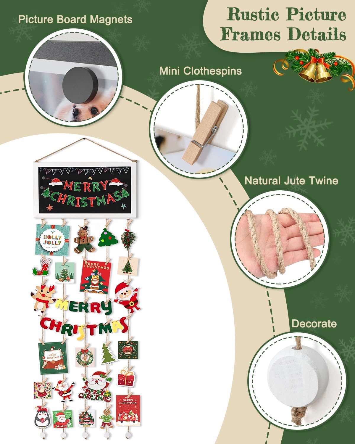 Bikoney Large Picture Board Picture Frames Collage Photo Hanging Display Wood Rustic Frames for Wall Decor and Dorm Room Decor with Blackboard Self Adhesive Hooks No Holes Drilling