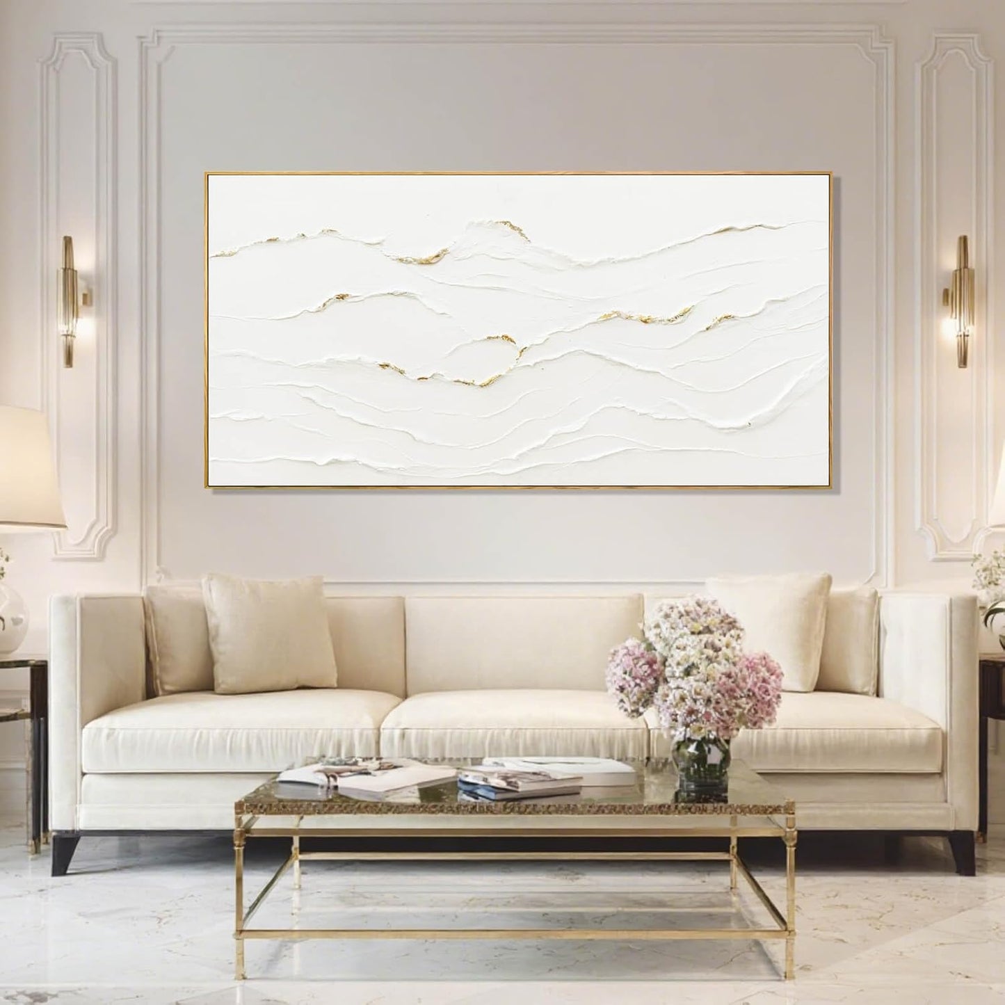 Minimalist White and Gold Line Artwork with Frame Hand Painted Abstract Canvas Wave Wall Art for Bedroom Living Room Office 24"x48"