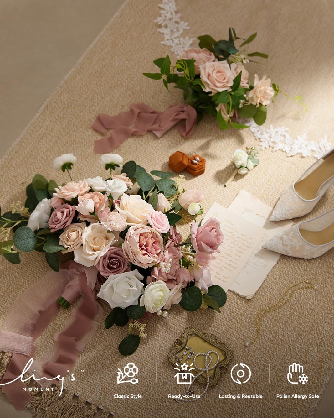 Ling's moment Pink Wedding Bouquets for Bride, Dusty Rose Bridal Bouquets for Bride, 15 Inch Free Form Artificial Wedding Flowers Bouquets