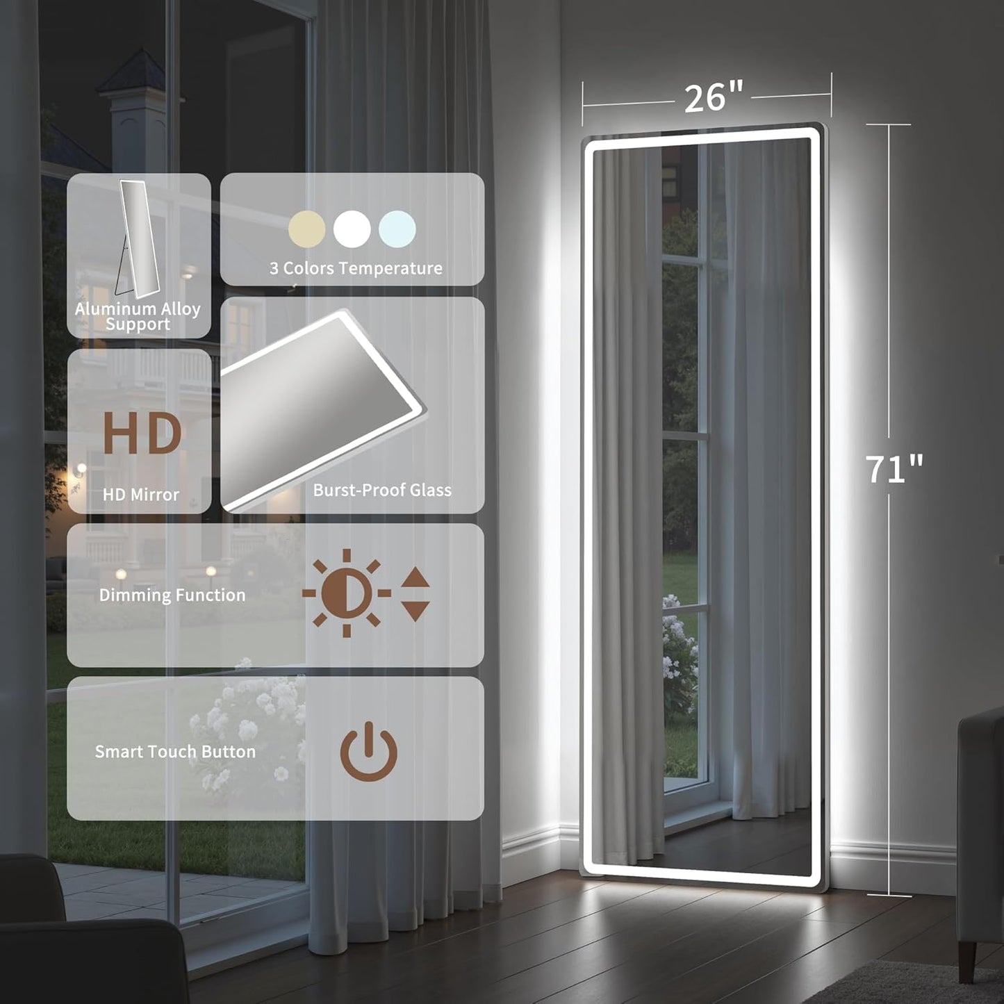 Full Length Mirror with Lights, 71" x 26" LED Floor Mirrors, Full Body Dressing Standing Mirrors with Dimming & 3 Color Lighting, Hanging Mounted Mirror for Living Room Bedroom Cloakroom