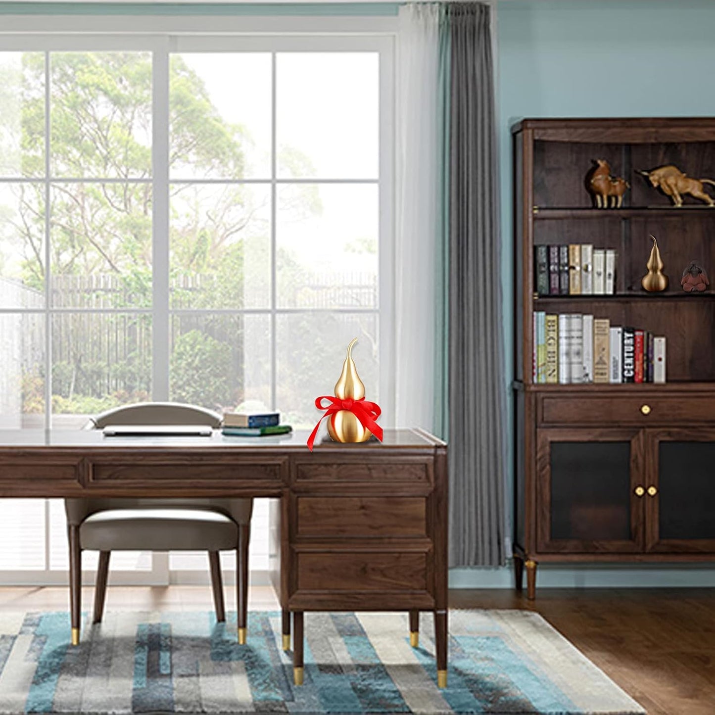 Feng Shui Decor Statue,Wu Lou Brass Gourd,with Red Luck Strip for Ideal Home Decoration,Collectible Figure Charm Amulet,6.36inch Tall,Full Brass,Hu Lu Bring Good Luck,Healthy,Wealth