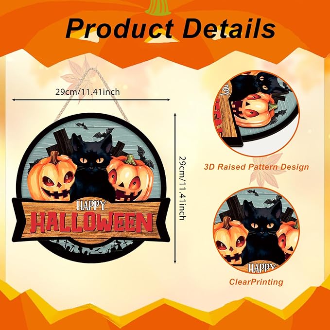 3D Halloween Door Decor Black Cat,Halloween Door Decoration,Black Cats Sign,Pumpkin Door Hanger,Horror Cross Tomb Haunted House Bat Wall Decor for Party Home Porch Yard Living Room Outdoor