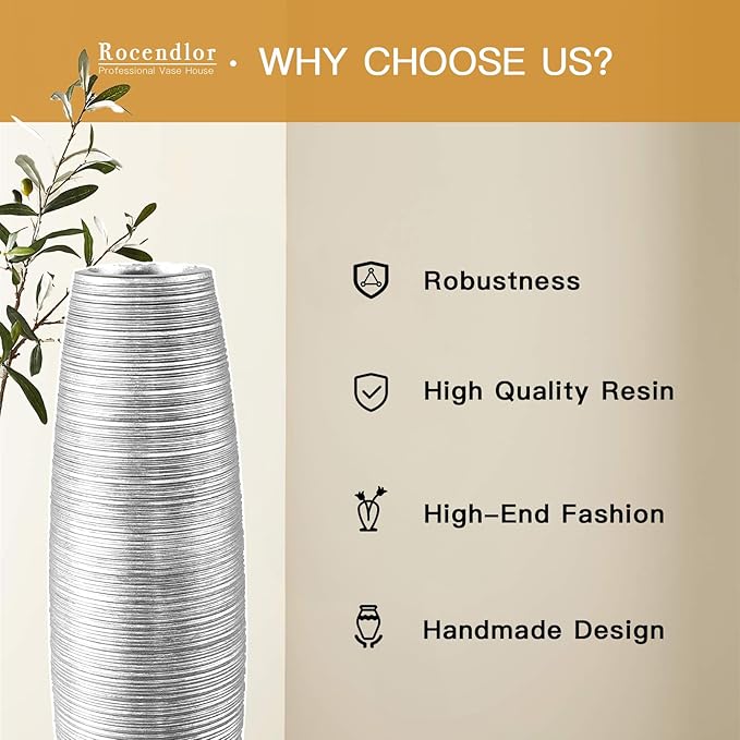 Tall Floor Vase, 27.5 inches (70cm, 2.3FT) Tall Vases Sturdy, Luxury, Textured for Decorative Branches Dried Flowers, Floor Vase for Rustic Living Room, Modern Decor, Resin Silver Vases