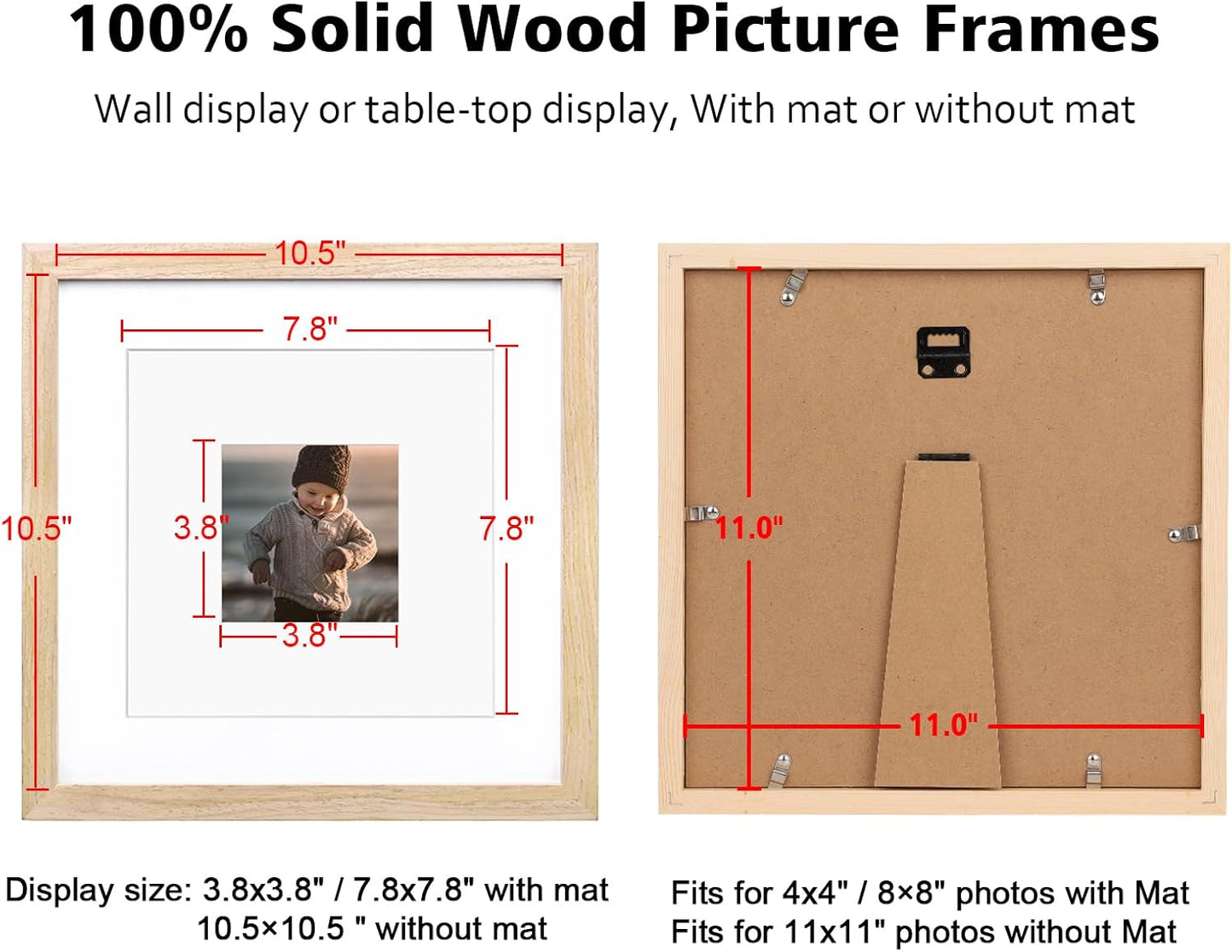 KINLINK 11x11 Picture Frame, Natural Square Solid Wood Frames for Pictures 4x4 and 8x8 with Mat or 11x11 without Mat, Wall and Tabletop Display Photo Frames Natural Wood 4 Pack