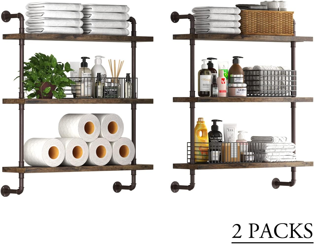 Industrial Pipe Shelf Wall Mounted, Rustic Wood Floating Shelves, 3 Tier Wall Display Bookshelf, Storage Rack Sundries Holder for Kitchen Office Bathroom Organization and Home Decor (24inch x 2)