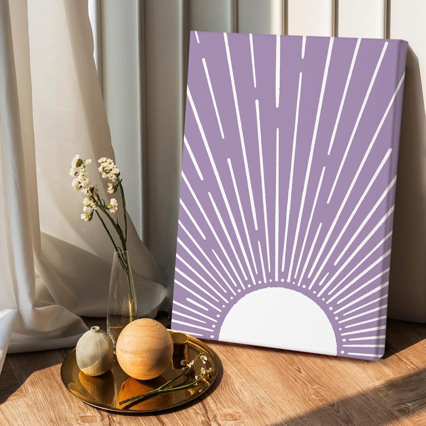 HIWX Vintage Abstract Boho Sun Framed Canvas Painting Wall Art Decor, Bohemia Boho Sunrise Sunshine Wall Art Artwork Home Decoration For Living Room Yoga Bedroom Bathroom 16x24 Inch(Purple)