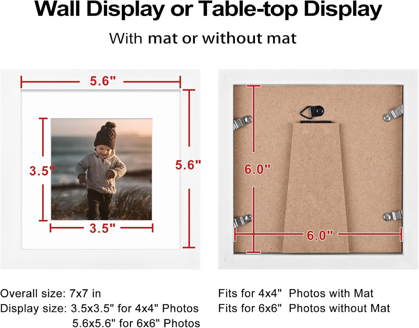 KINLINK 6x6 Picture Frame, White Square Solid Wood Frames for Pictures 4x4 with Mat or 6x6 without Mat, Wall and Tabletop Display Photo Frames White 4 Pack