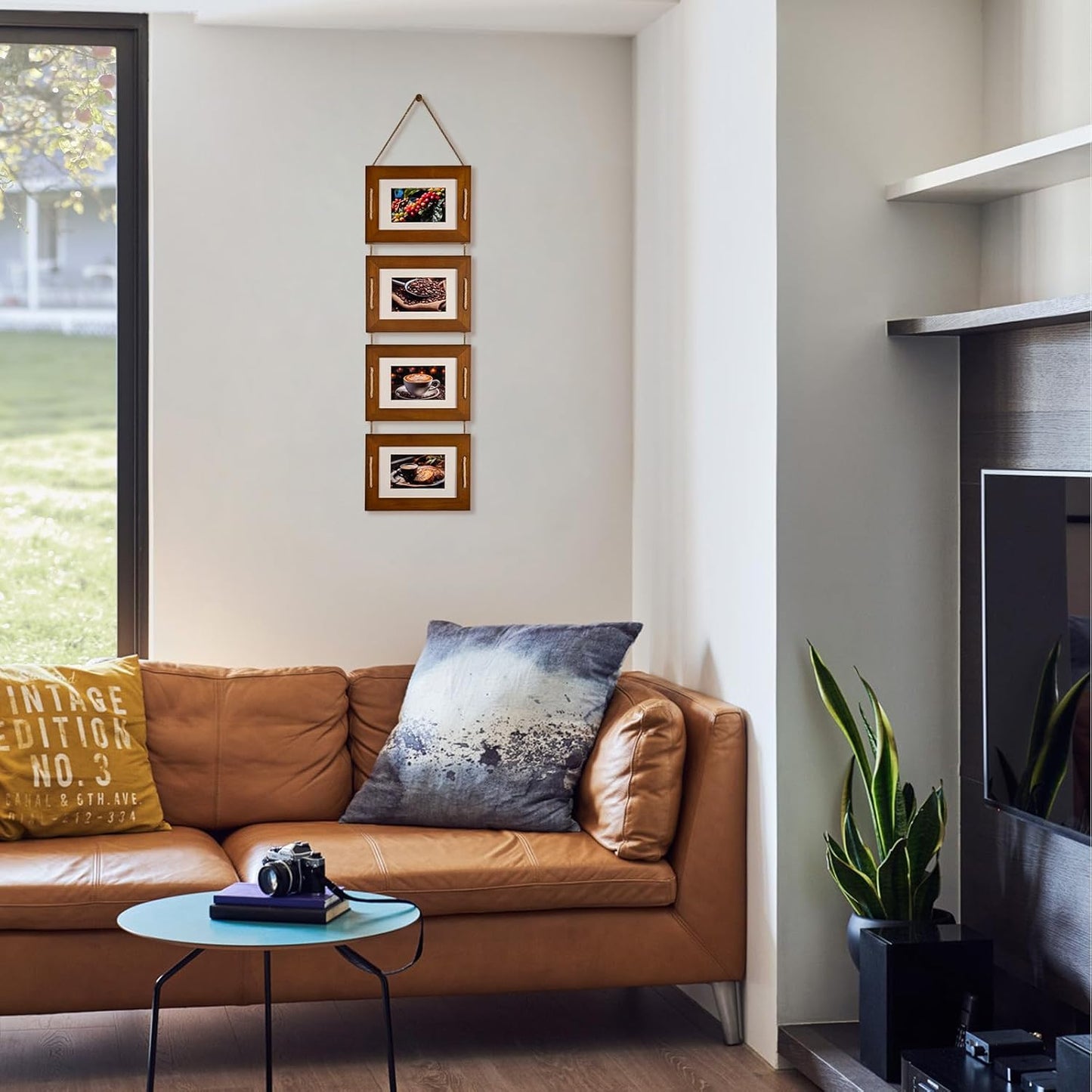 DLQuarts 5x7 Hanging Collage Picture Frames Wall Decor, 4-Opening 5x7 Matted to 3.5x5 Photo Rustic Wood Frame with Hemp Rope, 1 Pack, Dark Walnut