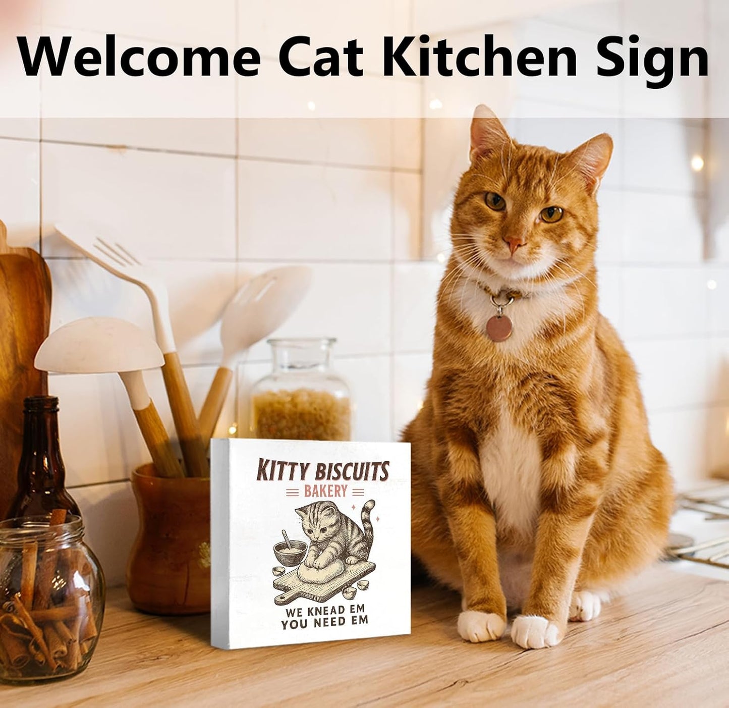 Funny Kitchen Cat Decorations Art Wall Decor Desk Wood Sign for Home, Cute Kitchen Cat Wooden Box Signs, Gifts for Women Cats Lovers, 5x5 inch