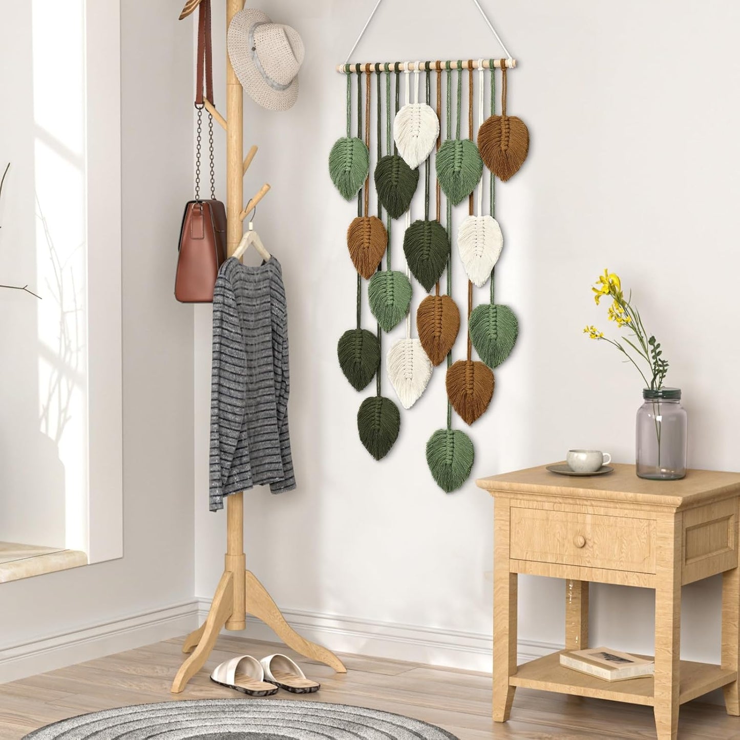 KHOYIME Vertical Macrame Wall Hanging Boho Home Decor, Long Narrow Chic Wall Art Bohemian Woven Leaves Tapestry Vintage Decorations for Front Door Indoor Entrance Living Room Bedroom 16.5"W x 37.5"L