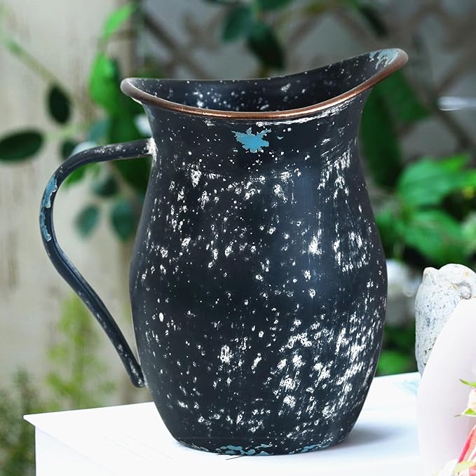 BIG FORTUNE Decorative Pitcher Vase Large Rustic Farmhouse Vase for Flowers Vintage Metal Milk Jug Vintage Decorative Pitcher Kitchen Decorations (Black)