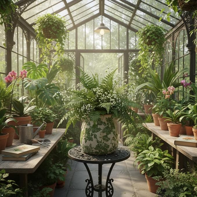 Vintage Ceramic Vase with Green Floral Pattern, White and Green, Crackle Glazed Finish, Decorative Garden Design (Large - Belly Jar with Drainage Hole)