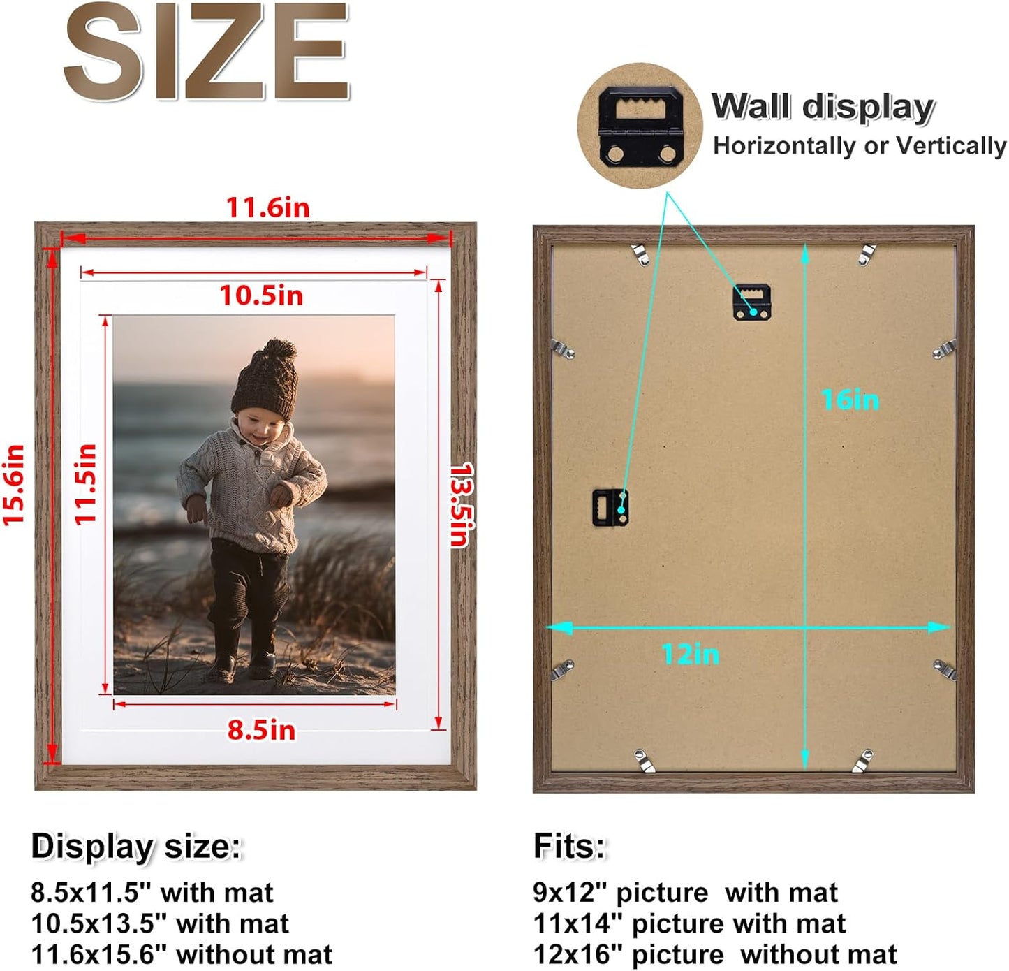 KINLINK 12x16 Picture Frame Rustic brown, Solid Wood Frames with Acrylic Plexiglass for Pictures 11x14/9x12 with Mat or 12x16 without Mat,Wall Display Photo Frame, Set of 4