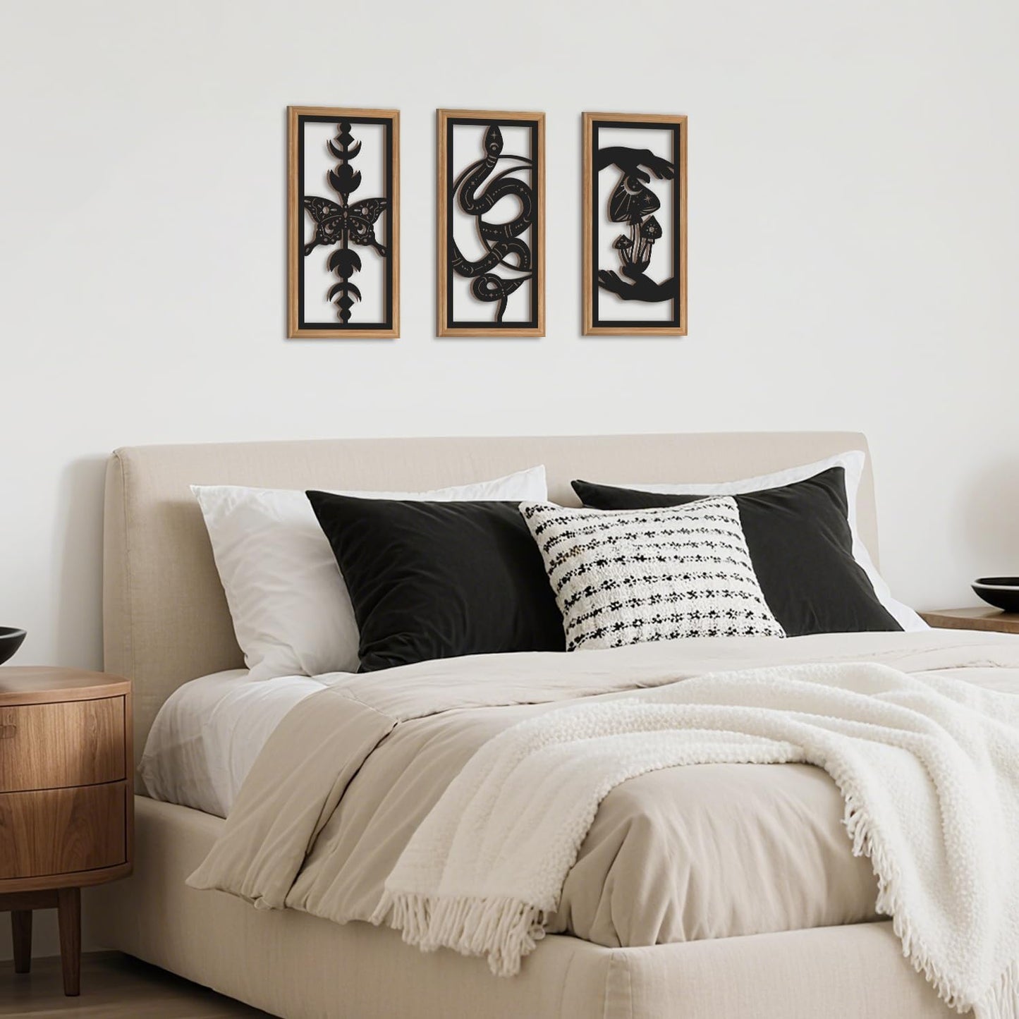 IARTTOP 3 Pcs Black Gothic Wall Art Boho Witchy Moon Phases Butterfly Wood Wall Decor Snake Decor Hanging Art Dark Mushroom Artwork Home Decor for Apartment Living Room Bedroom 7.9 x15.8 Inch