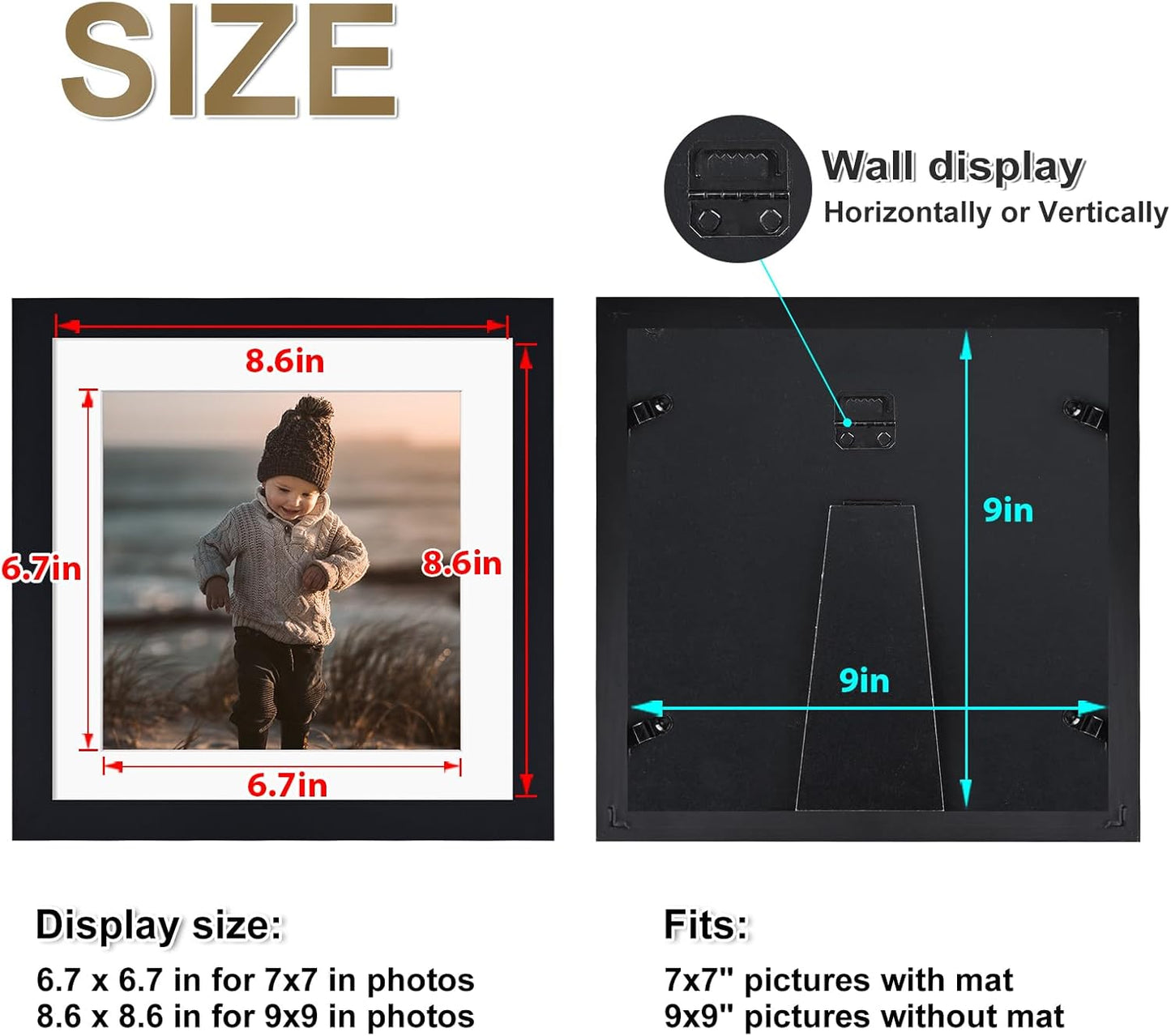 KINLINK 9x9 Picture Frame, Black Square Solid Wood Frames for Pictures 7x7 with Mat or 9x9 without Mat, Wall and Tabletop Display Photo Frames Black 4 Pack