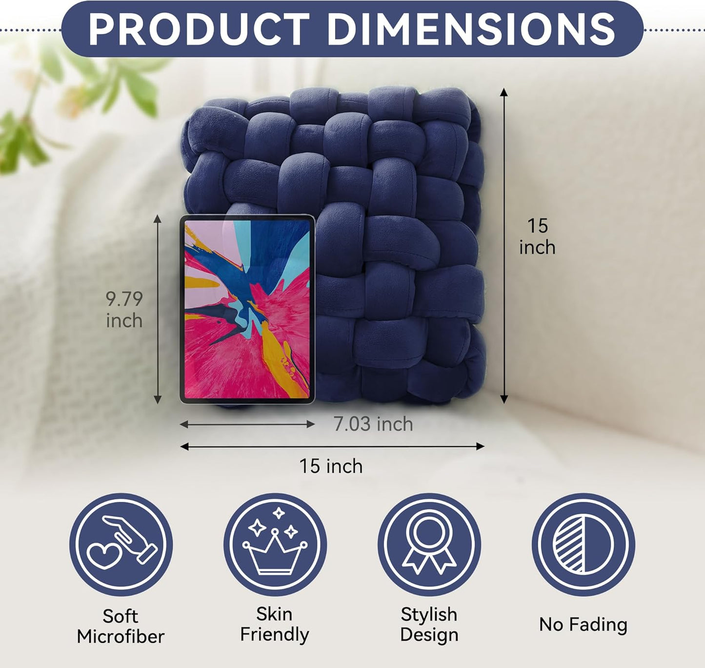 JELLYMONI Blue Square Knot Throw Pillow, Large Size Home Decorative Pillows, Decorative Ins Throw Pillows, Soft Velvet Knotted Decor for Bedroom, Living Room and Couch (L- 15"×15"×4", Blue)