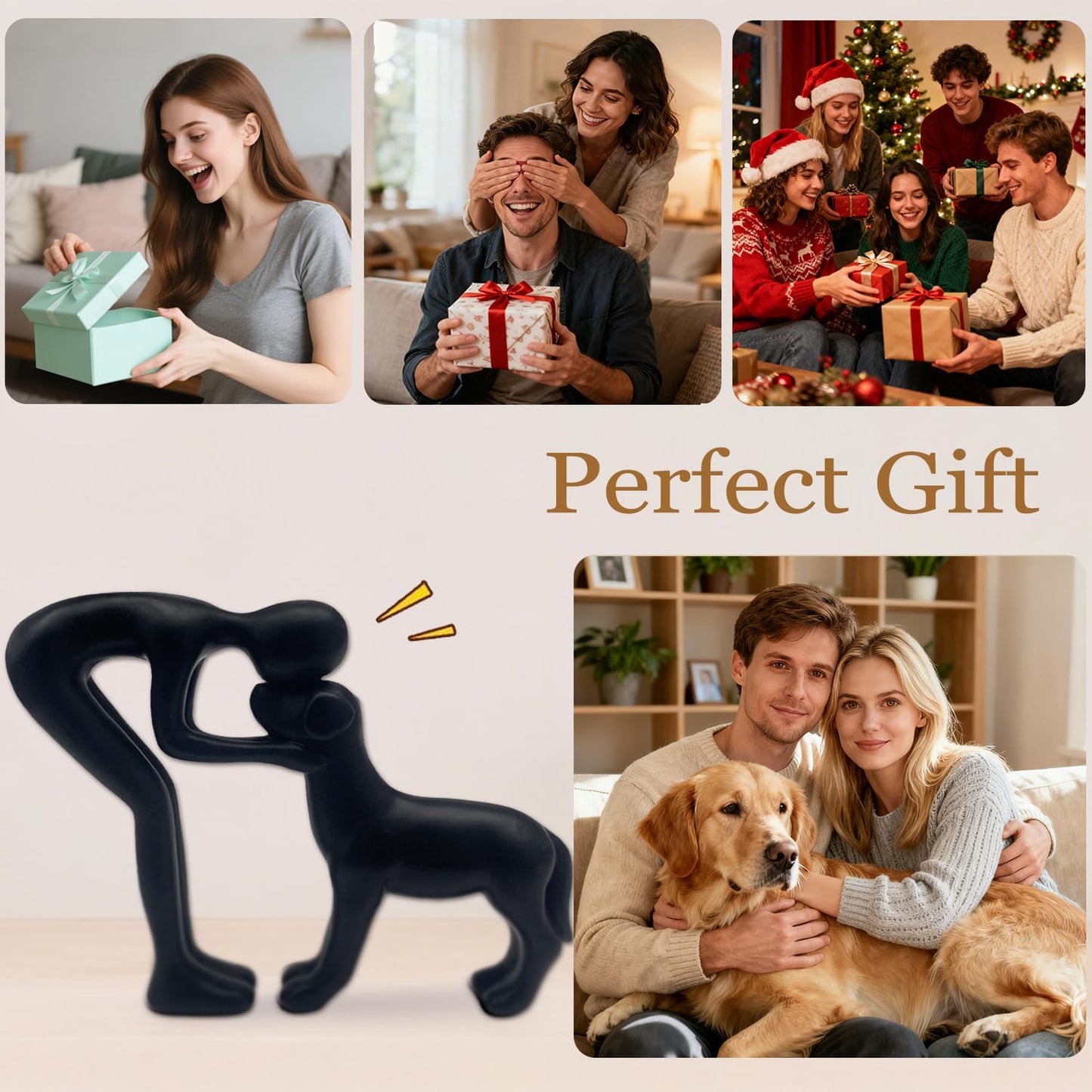 Mingzhang Human and Dog Statue Decoration Cute Black Dog Sculpture Home Decor for Office Living Room Bedroom, Memory Gifts for Pet Lovers Friends Family