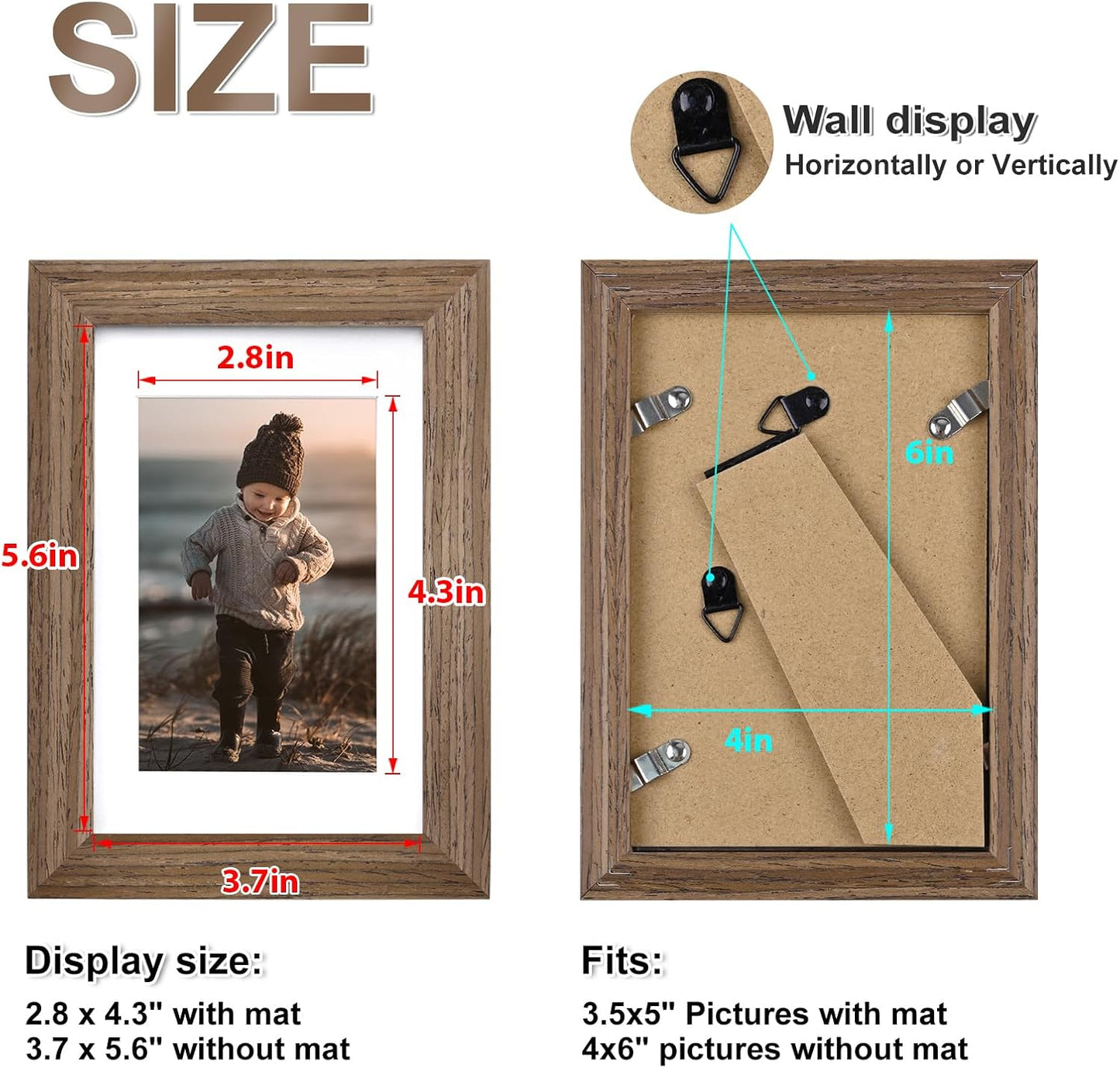 KINLINK 4x6 Frame Rustic Brown, Solid Wood 4 x 6 Picture Frame with Acrylic Plexiglass for 3.5x5 with Mat, Tabletop and Wall Display Photo Frames 4x6 Brown Wood, 4 Pack