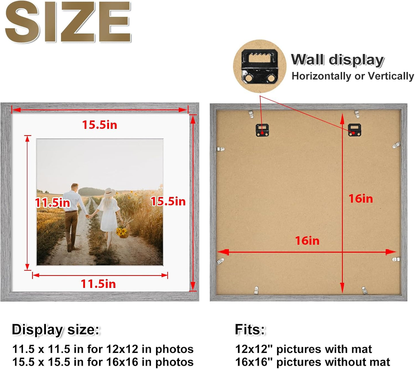 KINLINK 16x16 Picture Frame, Grey Square Solid Wood Frames for Pictures 12x12 with Mat or 16x16 without Mat, Wall Display Photo Frames Grey Wood 4 Pack