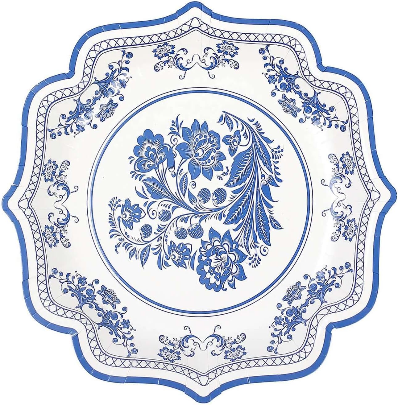 Efavormart 25 Pack | 8" White/Blue Chinoiserie Floral Print Paper Dessert Plates With Scalloped Rims, Disposable Salad Appetizer Plates - 300 GSM