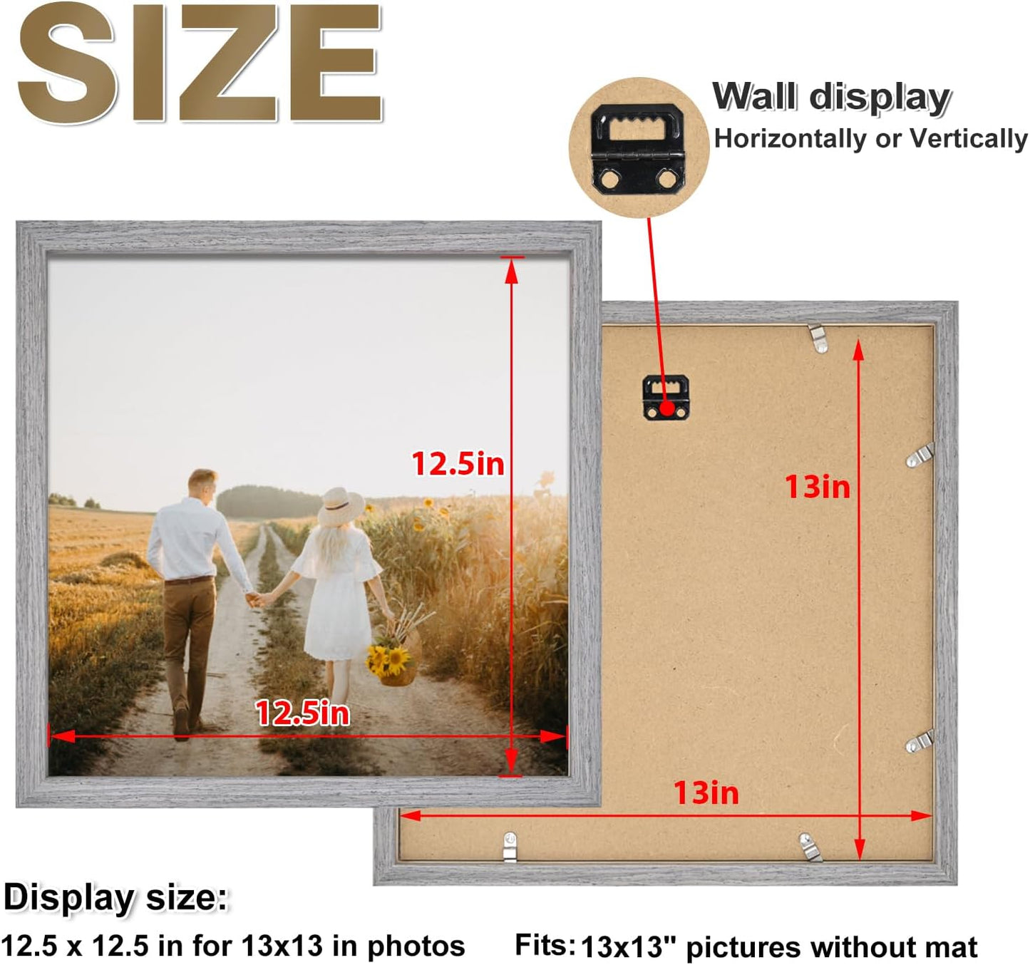 KINLINK 13x13 Picture Frame, Grey Square Solid Wood Frames for Pictures 13x13 without Mat and 12.5x12.5 Music Record Album, Wall Display Photo Frames Grey Wood 4 Pack