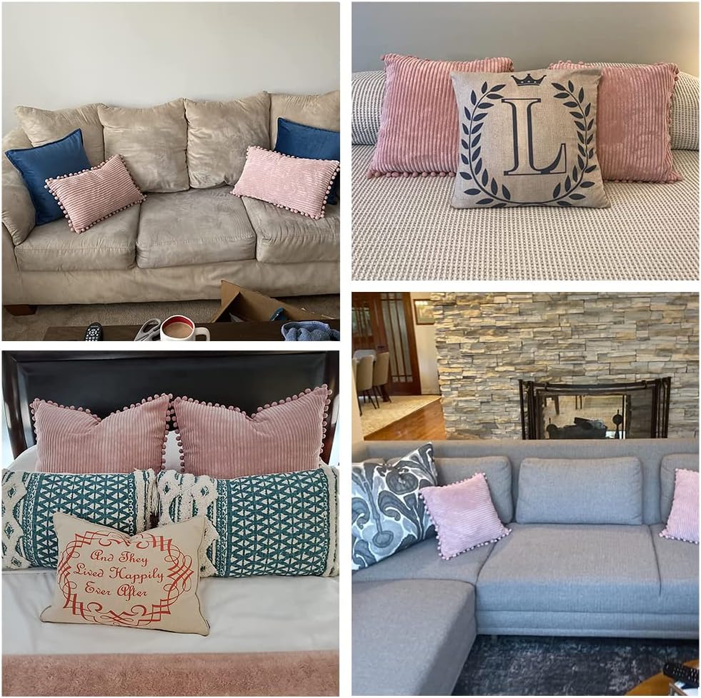 Fancy Homi 2 Pack Blush Pink Lumbar Decorative Throw Pillow Covers 12x24 Inch with Pom-poms for Couch Bedroom Sofa, Farmhouse Boho Home Decor, Soft Corduroy Solid Rectangle Cushion Case 30x60 cm