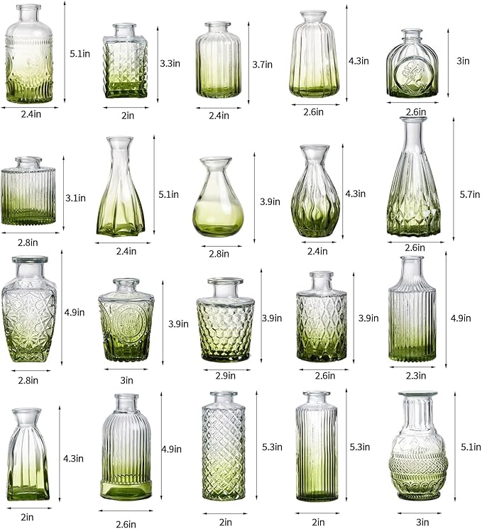 Glass Bud Vase Set of 30 - Small Vases for Flowers in Bulk - Assorted Vintage Crystal Vases for Flowers, Table Centerpieces (Green, 30 Pcs)