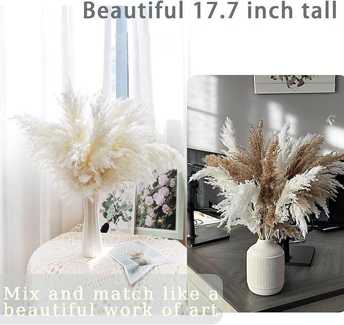 30 Stems White Pampas Grass Fluffy, Boho Home Decor, Natural Fluffy Pompas Grass Natural Pampas for Living Room Decor, Table Decor, Boho Decor, Party Wedding Decor, Gift (17.7 inch, 30 White )