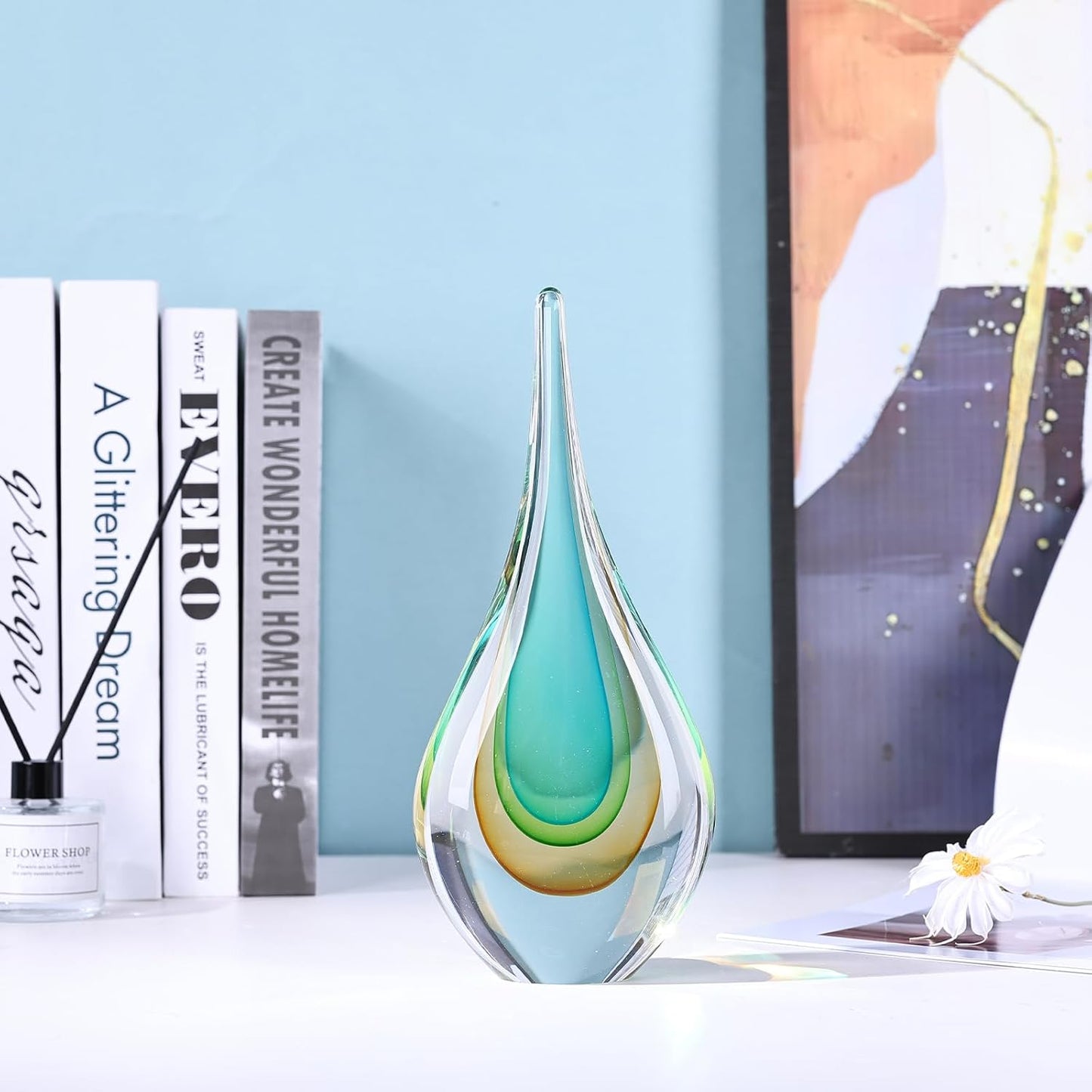 DOVDOV Blown Glass Sculpture, Light Green Glass Art Teardrop Statue, Unique Ocean Themed Decor for Office, Bookshelf, Dresser, Living Room Coffee Table, Fireplace countertop Decor.