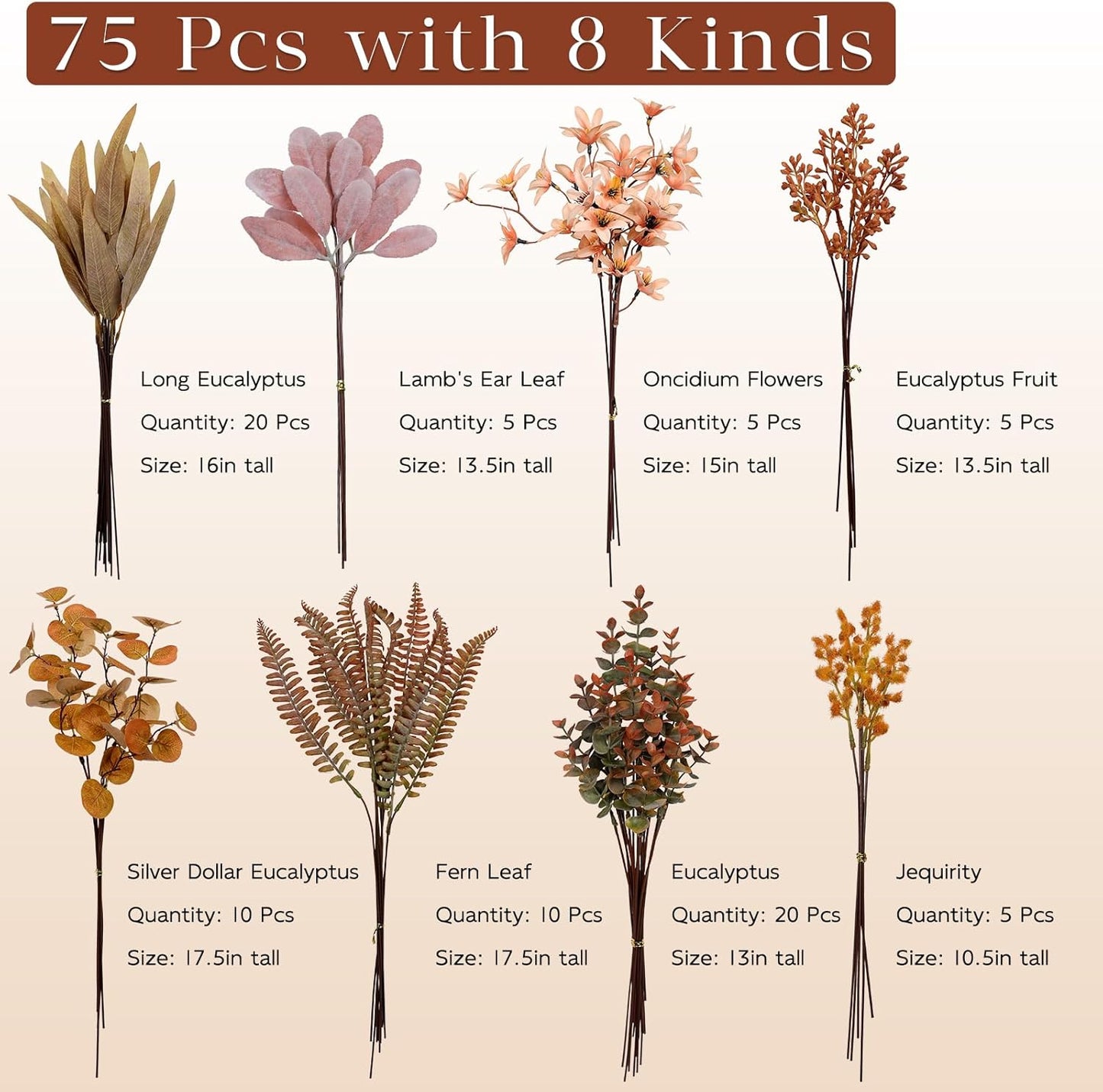 FOTEEWL 75 Pcs Artificial Greenery Stems Box Set,with 8 Kinds of Faux Plants and Fake Flowers for DIY Bridal Bouquets Wedding Floral Arrangement Table Centerpieces Fall Decoration (Orange)