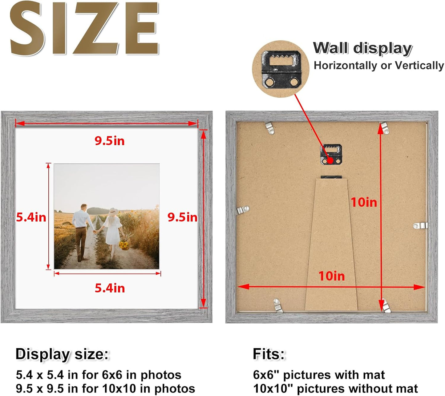 KINLINK 10x10 Picture Frame, Grey Square Solid Wood Frames for Pictures 6x6 with Mat or 10x10 without Mat, Wall and Tabletop Display Photo Frames Grey Wood 4 Pack