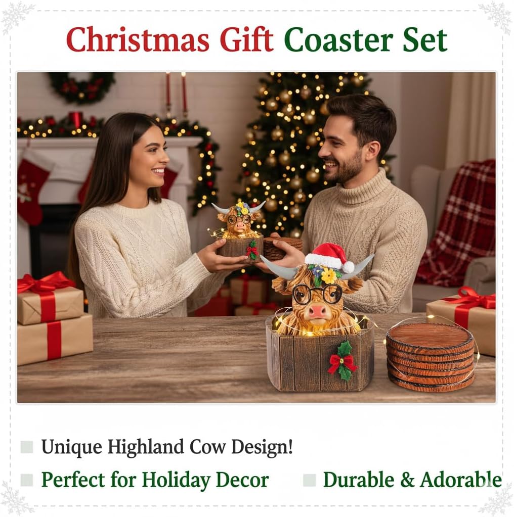 Highland Cattle Coasters - 8 Full Size Rustic Coasters for Log Cabin Decor - Hunting Decor