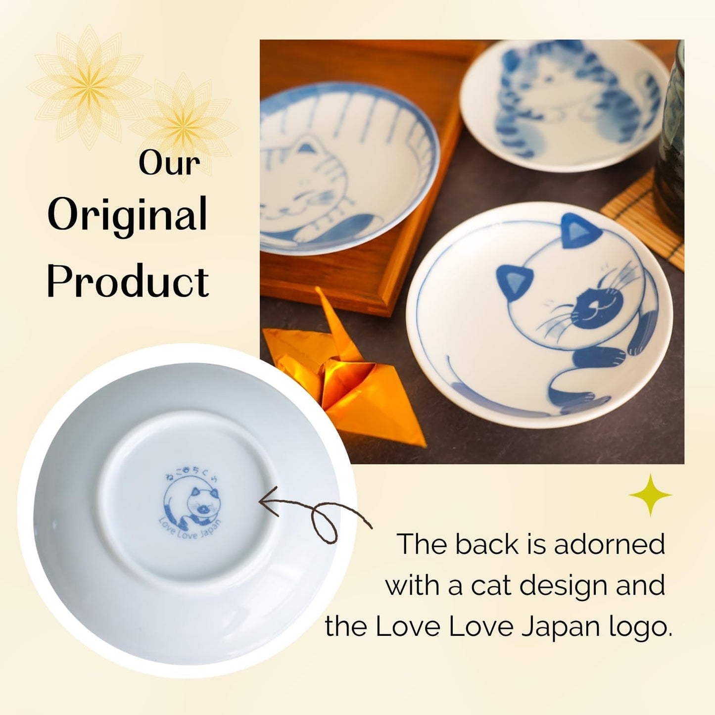 Dessert Salad Serving Plate Set Ceramic Cute Cats Design, 5.31inch x 1.06inch (13.5㎝×2.7㎝) Plates Set of 4, Mino Ware