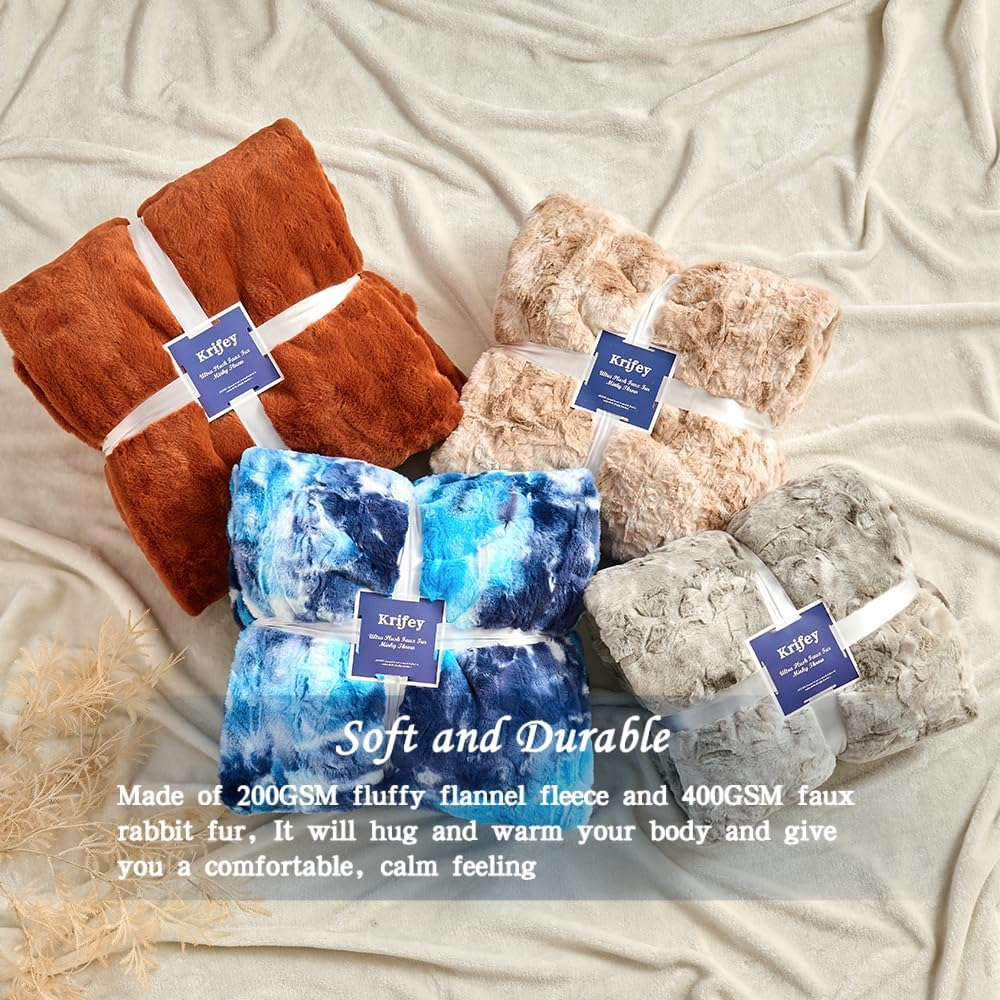 Krifey Oversized Blue Faux Fur Blanket, Super Soft Cozy Blanket, Luxury Fluffy Throw Blanket Fuzzy Bed Throw Tie Dye Blue 60" x 80"