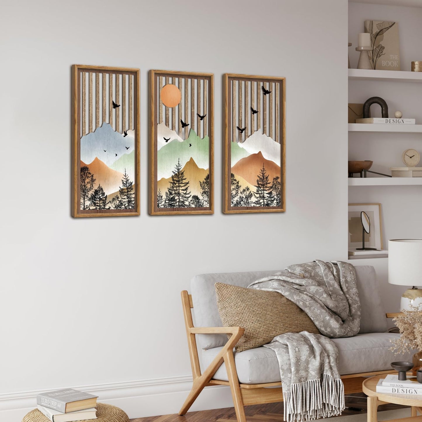 KAIRNE Landscape Wooden Wall Art,Mountain Wall Decor Set or 3(16”X8”),Forest Bird Wood Hanging Decor,Nature Scene Artwork,Vintage Farmhouse Wall Art for Bedroom Living Room Office Decoration,Framed